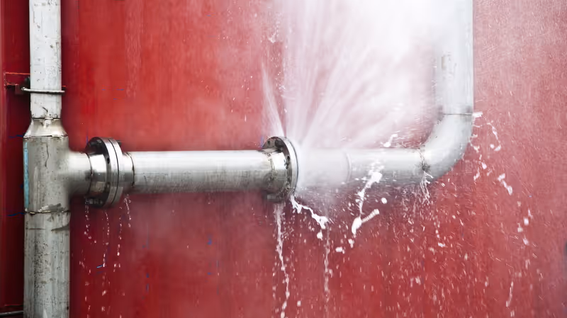 Metal pipe leaking water forcefully against a red wall.