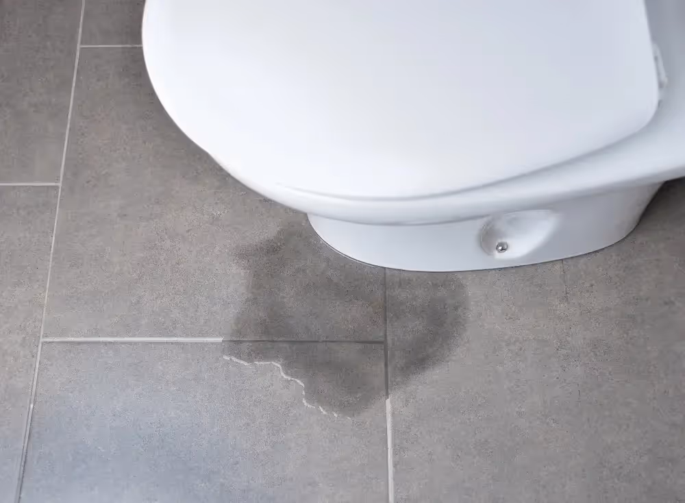 Water leaking and pooling on the floor next to the base of a white toilet on gray tiled floor.