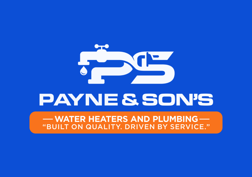 Logo for Payne & Son's Water Heaters and Plumbing with slogan 'Built on quality. Driven by service.' on a blue background.