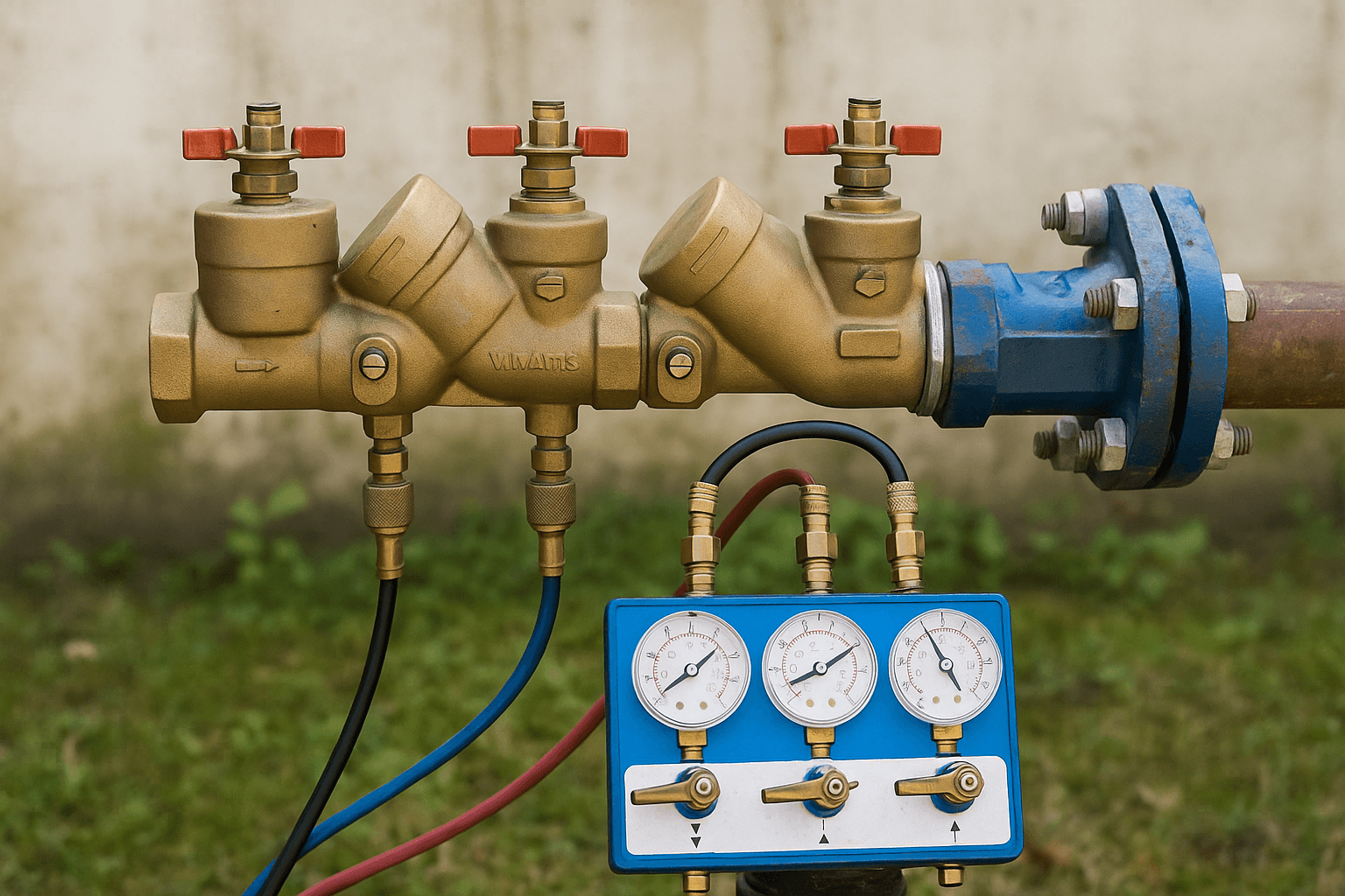 Backflow testing device connected to residential plumbing system in Kentucky, inspected by Payne & Son’s certified plumbing service