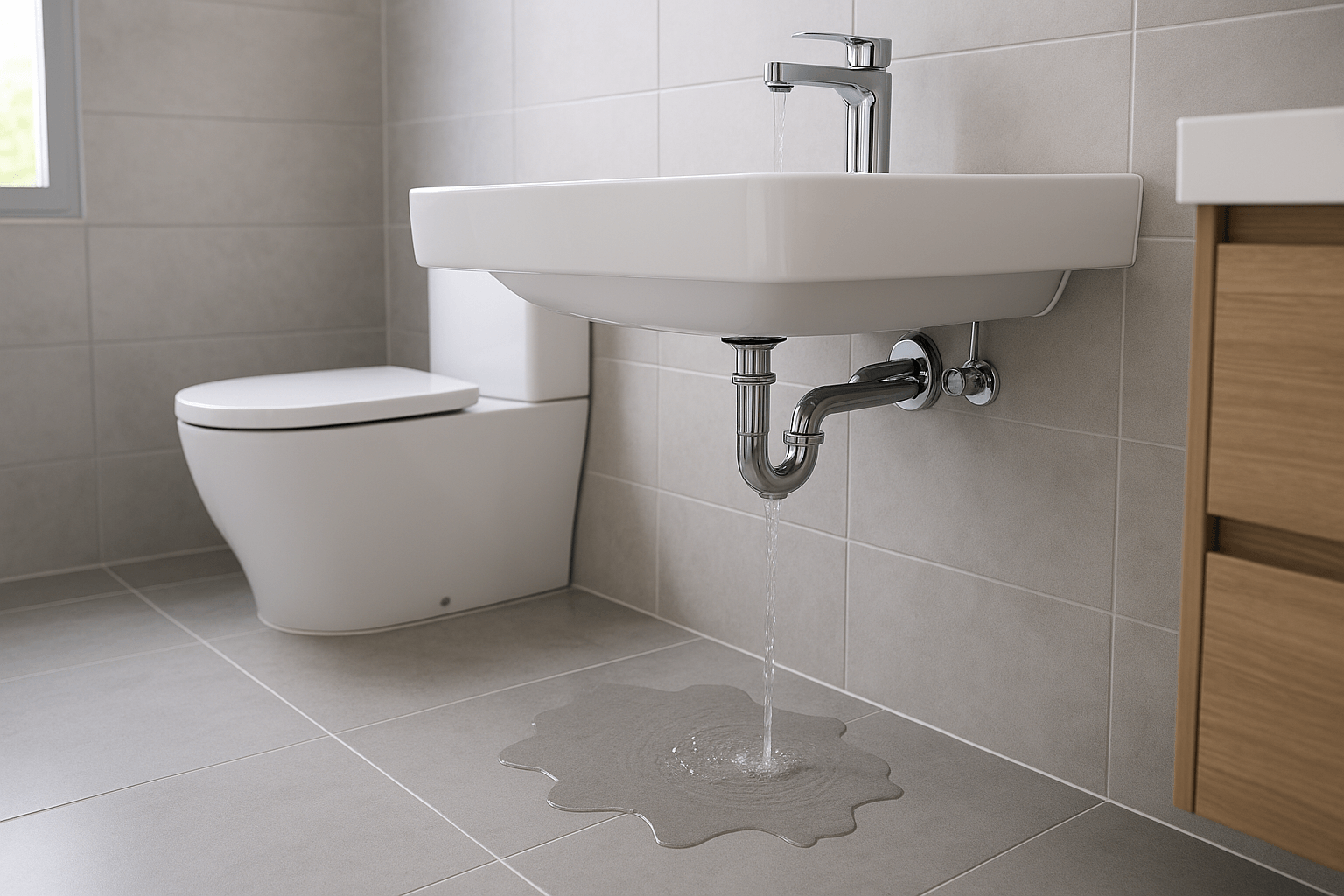 Leaking sink in a modern residential bathroom with water pooling on the tile floor, showing a plumbing emergency serviced by Payne & Son’s Plumbing in Kentucky