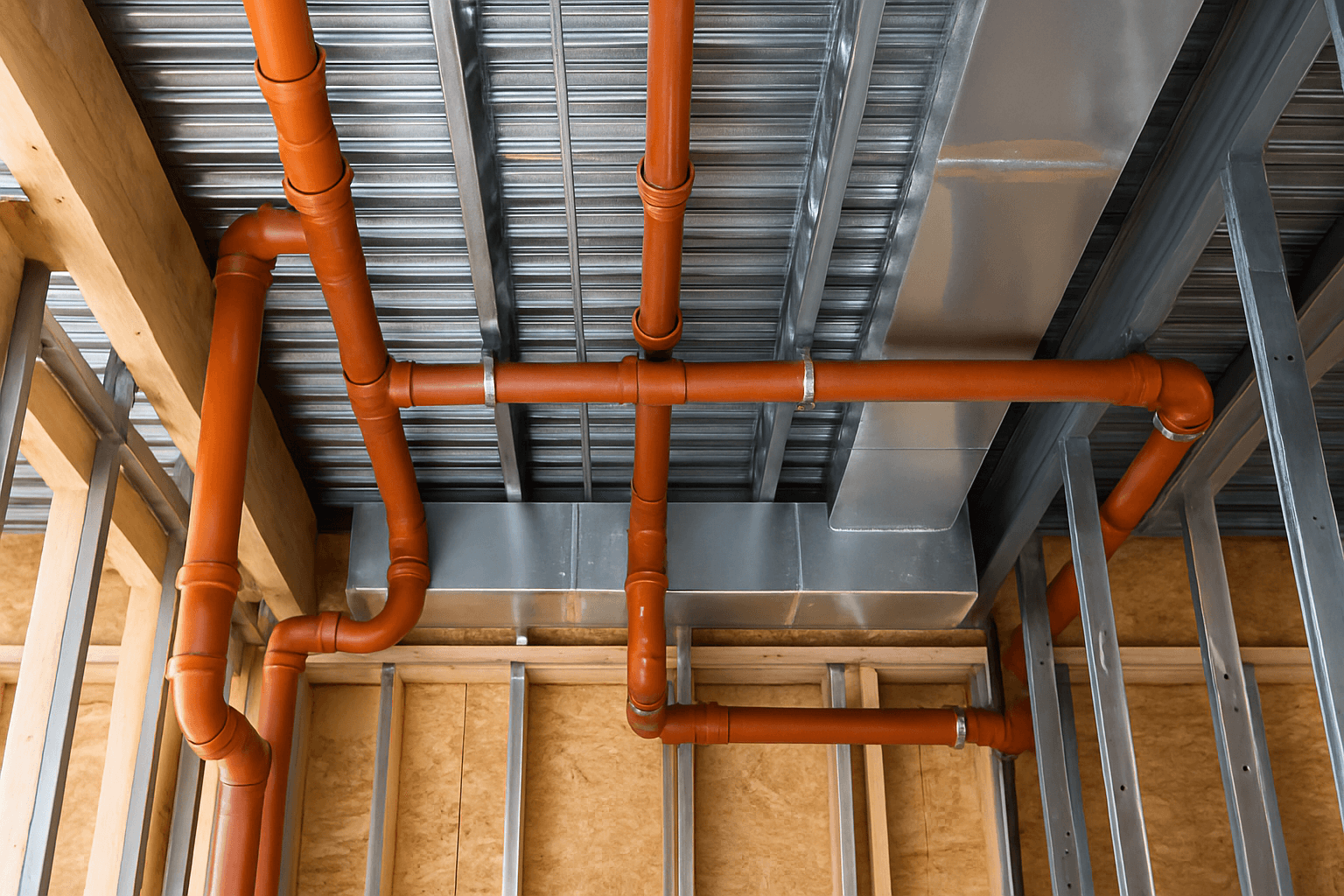Commercial building plumbing system with exposed PVC and metal piping during construction, showing professional commercial plumbing work by Payne & Son’s in Kentucky