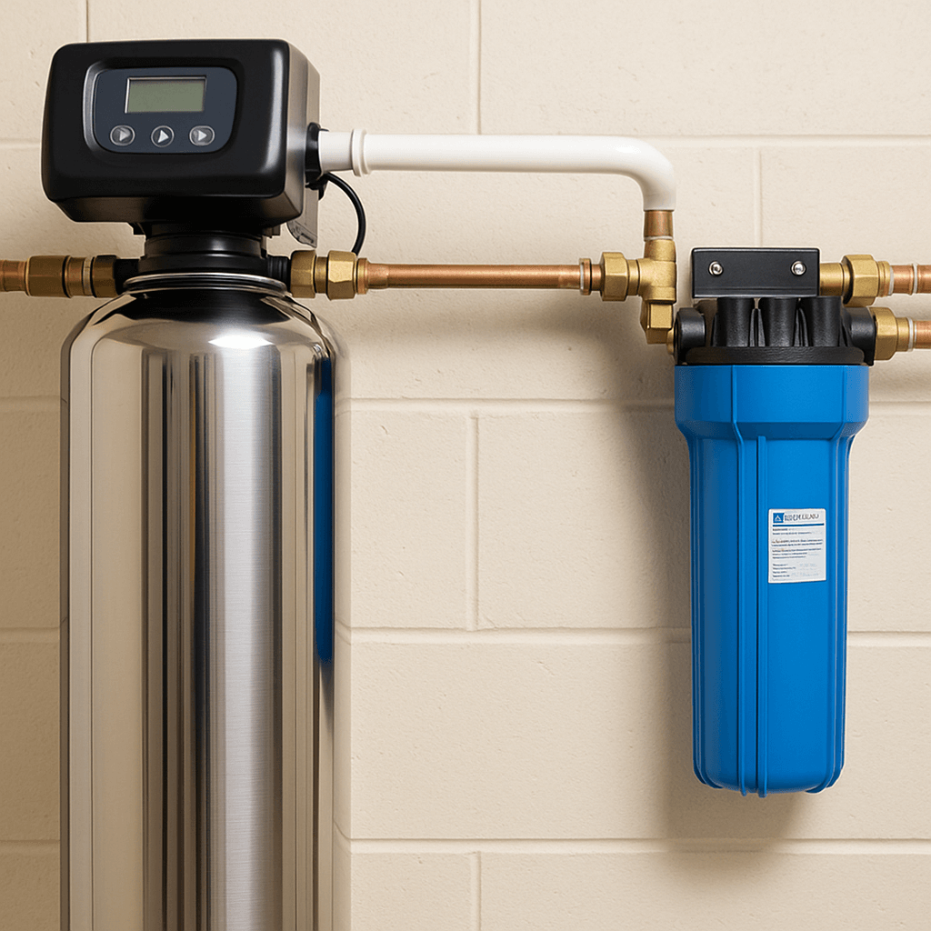 Whole-home water filtration system with stainless steel tank and sediment filter installed in a residential utility room, serviced by Payne & Son’s Plumbing in Kentucky