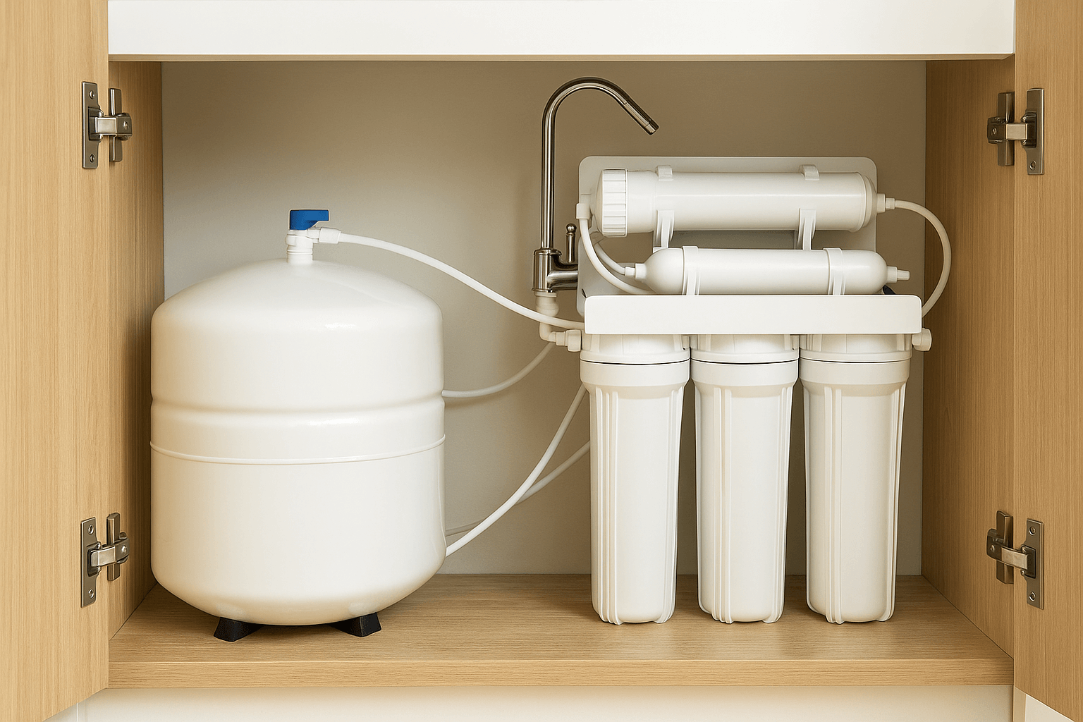 Under-sink reverse osmosis drinking water filtration system with multi-stage filters and storage tank installed in a modern kitchen cabinet by Payne & Son’s Plumbing in Kentucky