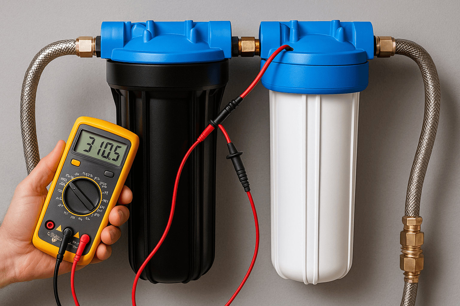 Water filtration system with opened canisters, pressure gauge, and diagnostic tools used for system testing and repairs, serviced by Payne & Son’s Plumbing in Kentucky