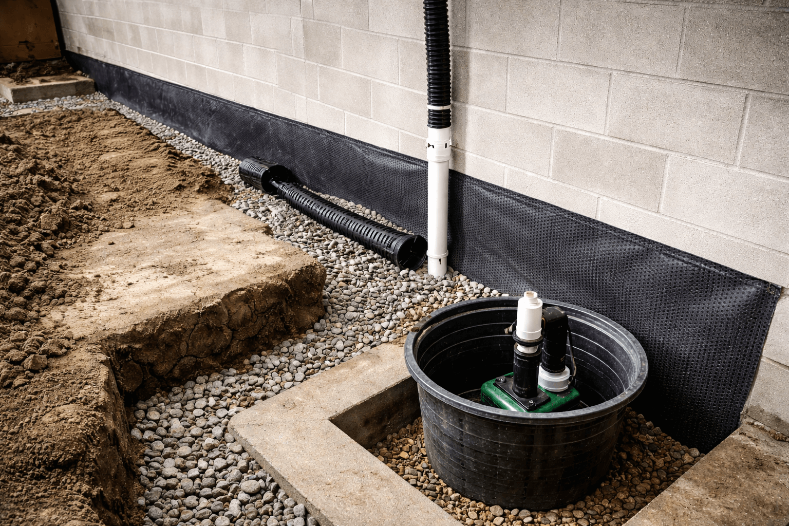 Basement waterproofing system with drainage pipes and a sump pump installed next to a concrete block foundation wall.