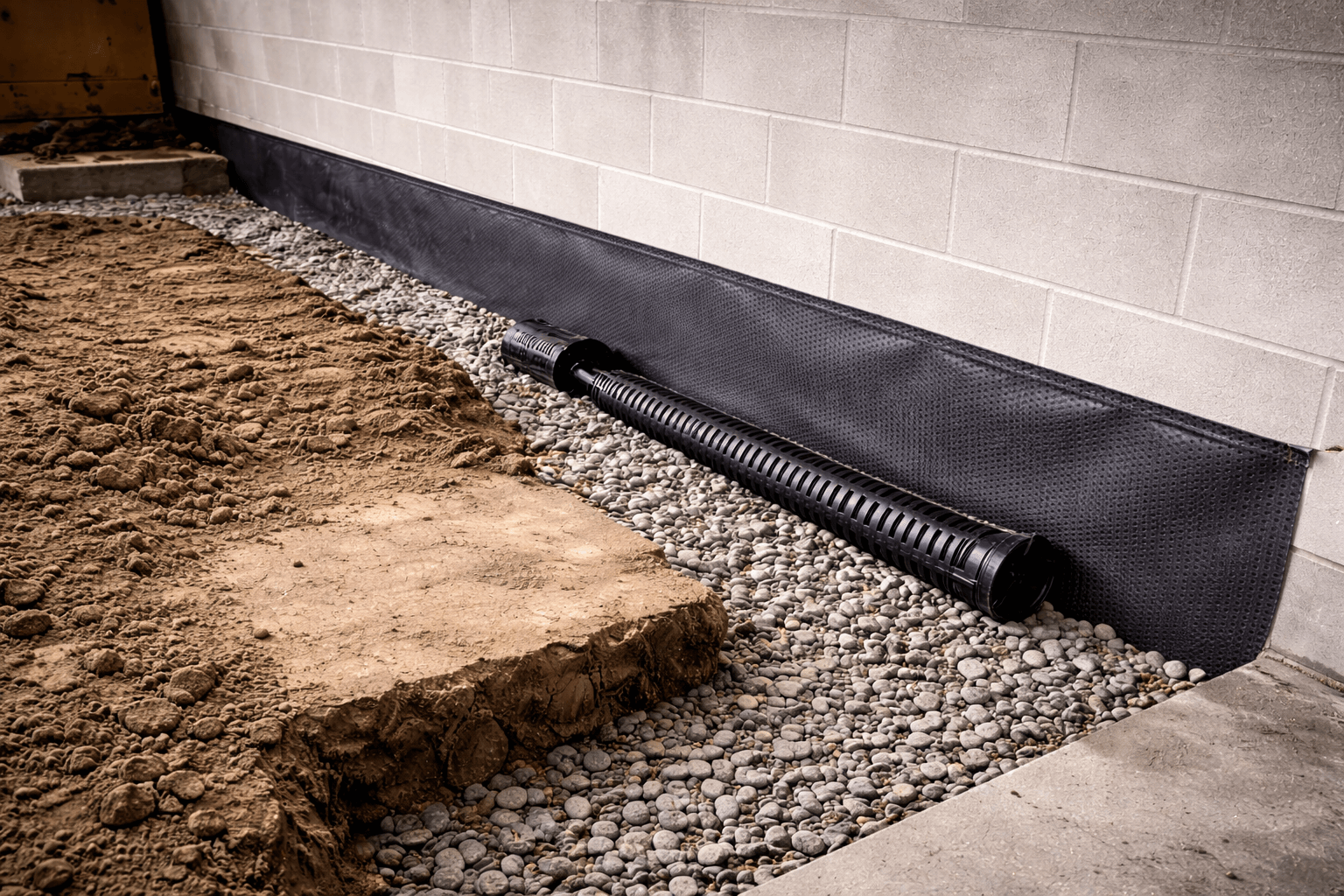 Interior wall foundation with a black drainage pipe lying on gravel beside a dirt floor.