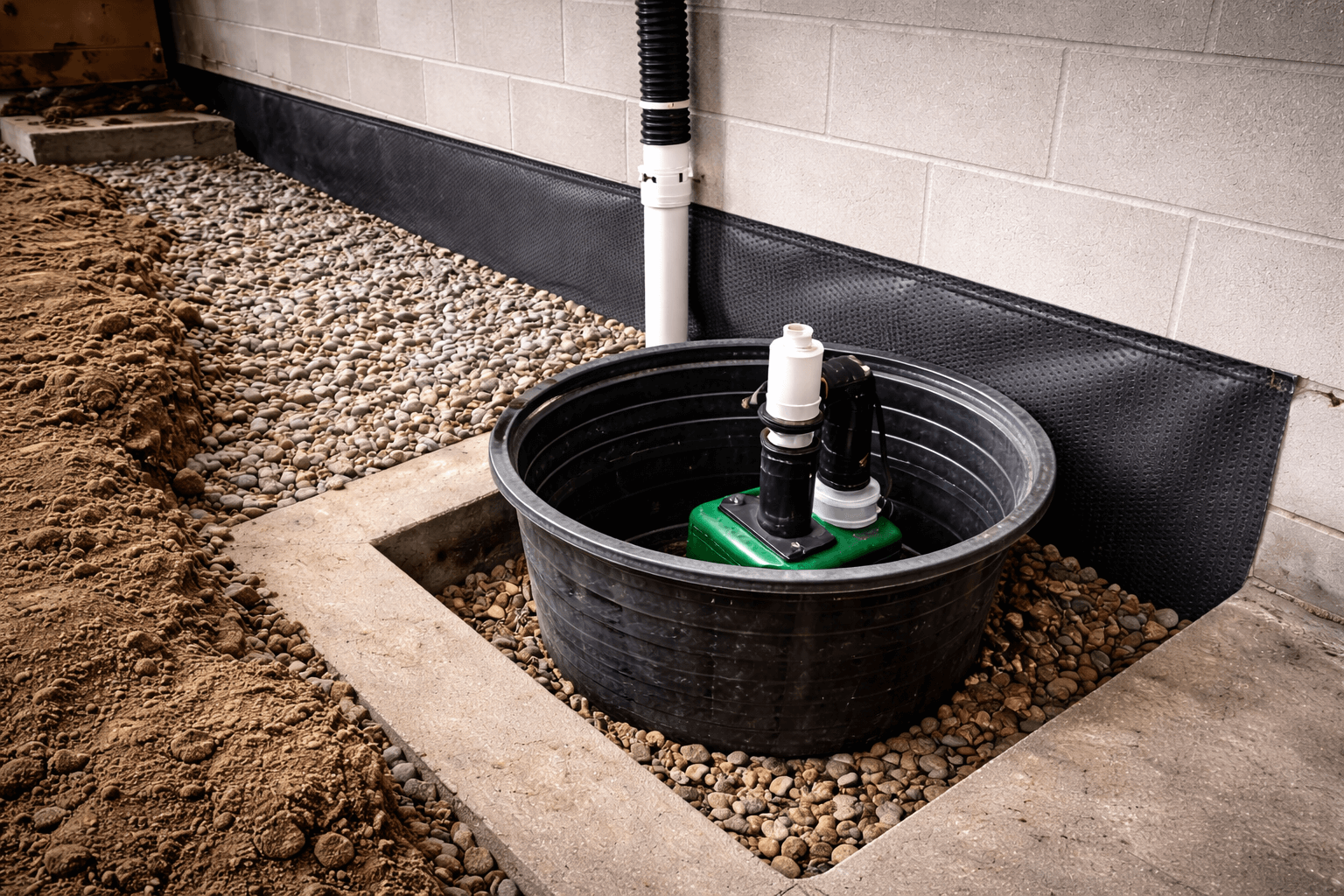 Sump pump installed in a black basin surrounded by rocks and soil next to a cinder block wall.