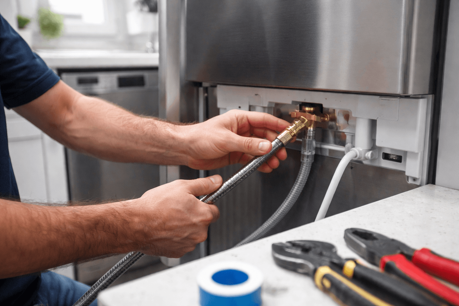 Person installing a braided hose to the back of a stainless steel appliance with plumbing tools on a countertop.