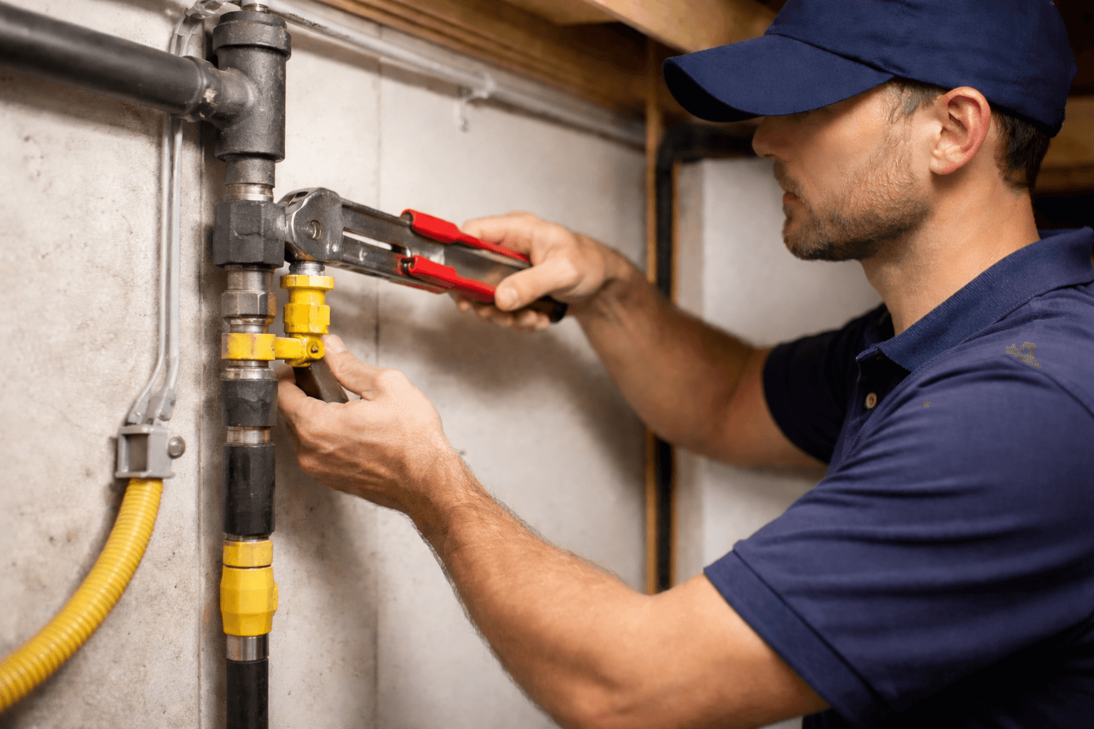 Technician wearing a navy cap and shirt using a wrench to fix a yellow gas line valve in a basement.