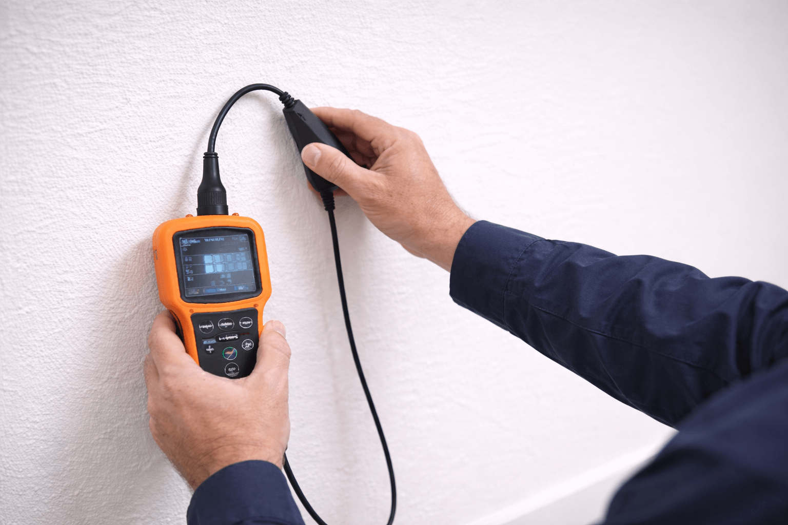 Person holding an orange handheld electronic device connected by a black cable to a sensor pressed against a white textured wall.