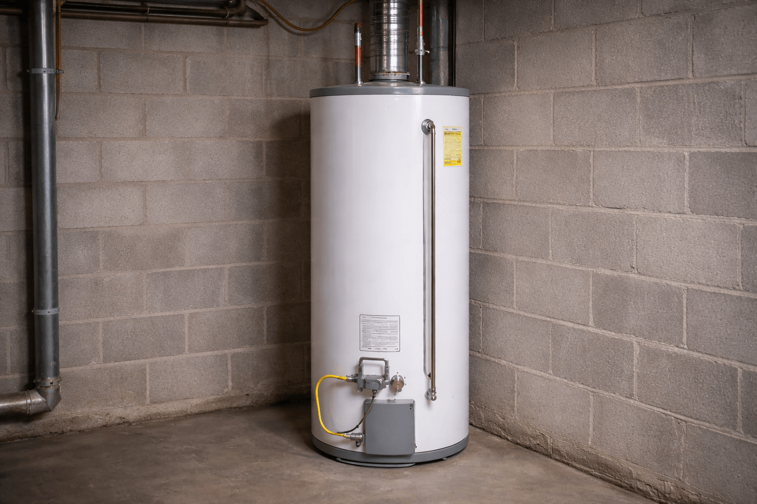 White cylindrical water heater installed against a concrete block wall in a basement.