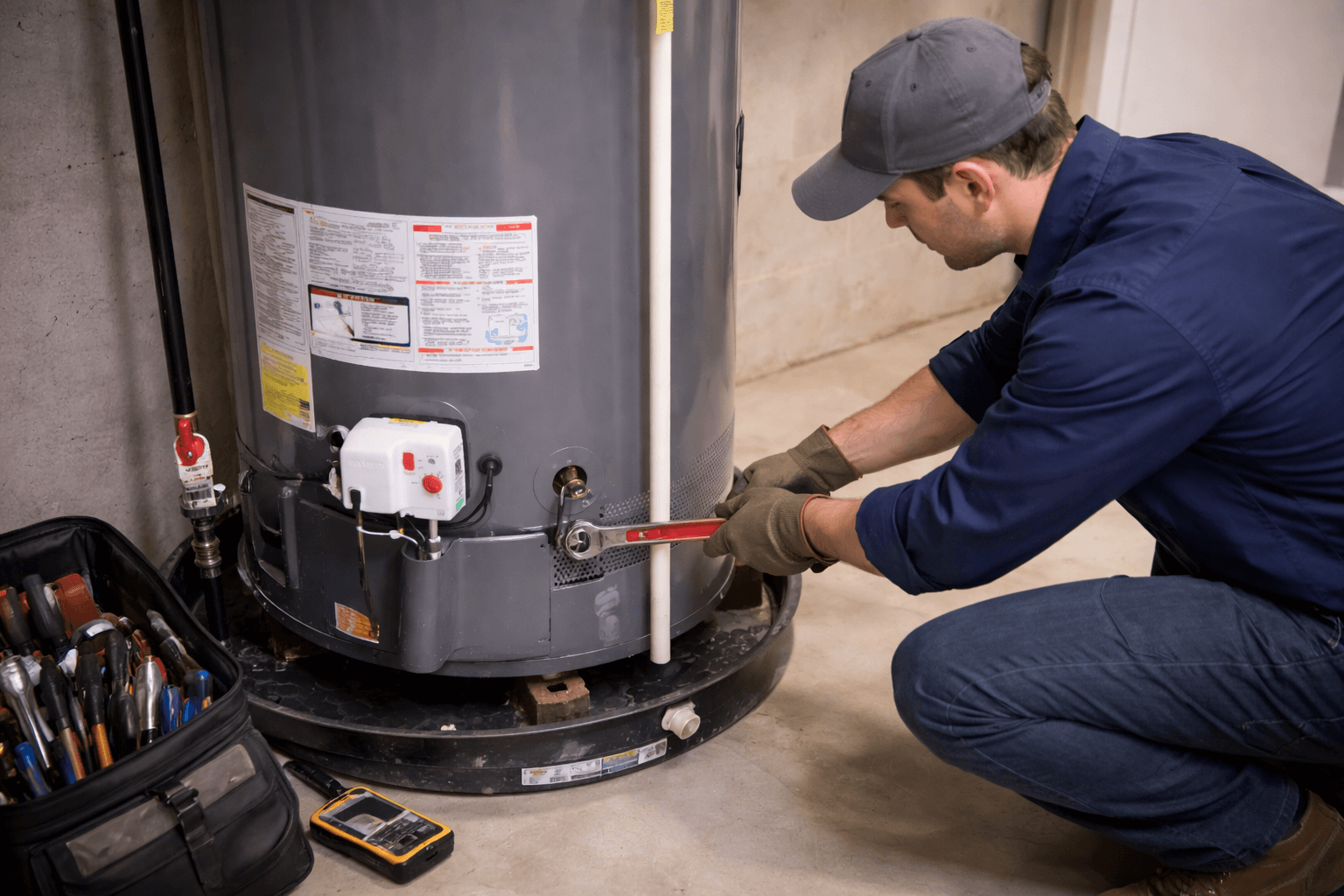 Technician wearing gloves and a cap using a wrench to repair a water heater in a basement.
