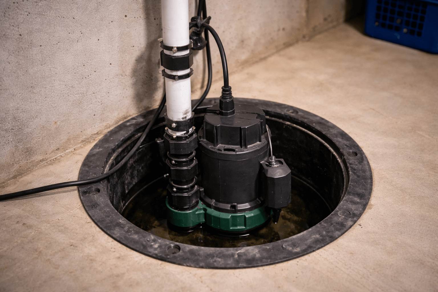 Submersible sump pump installed in a basement floor drain with connected white PVC pipe and power cable.