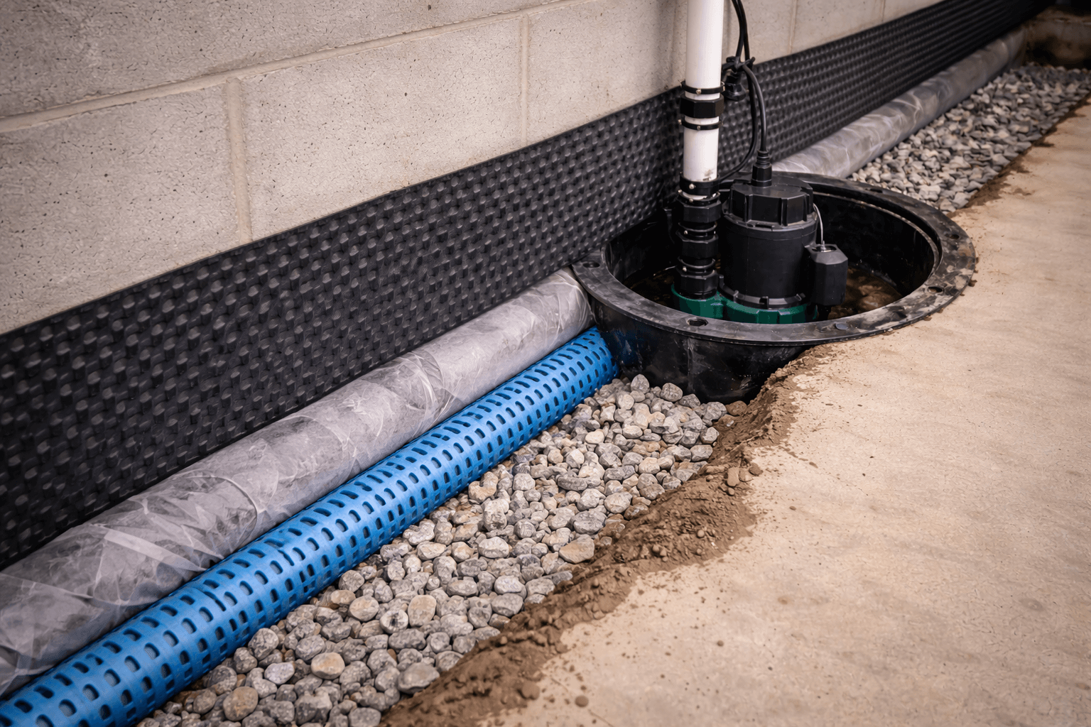 Basement drainage system showing perforated blue drain pipe surrounded by gravel, connected to a sump pump in a black plastic basin next to a concrete floor and foundation wall.