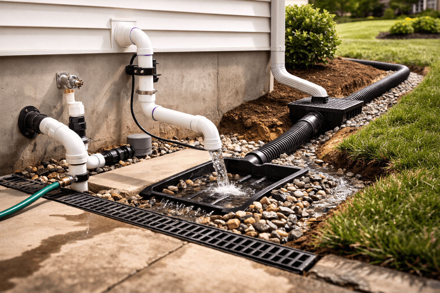 Water flowing from a white downspout into a black drainage basin surrounded by stones beside a house foundation.