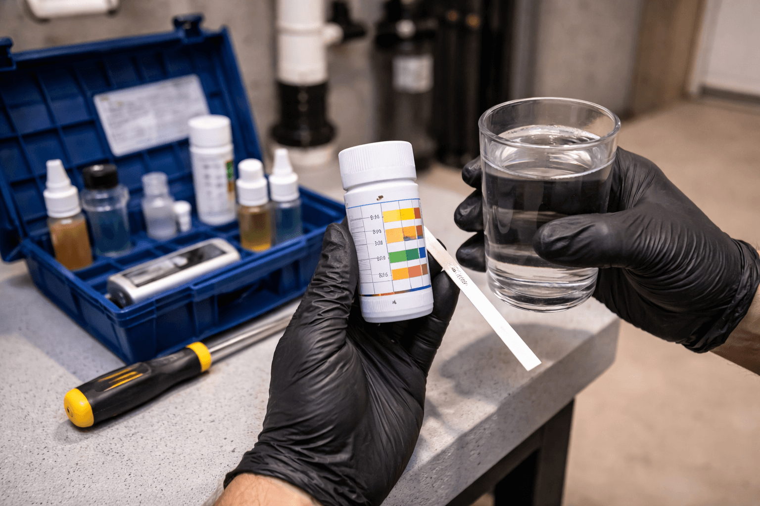 Person wearing black gloves holding a glass of clear water and a water test strip with a color comparison chart.