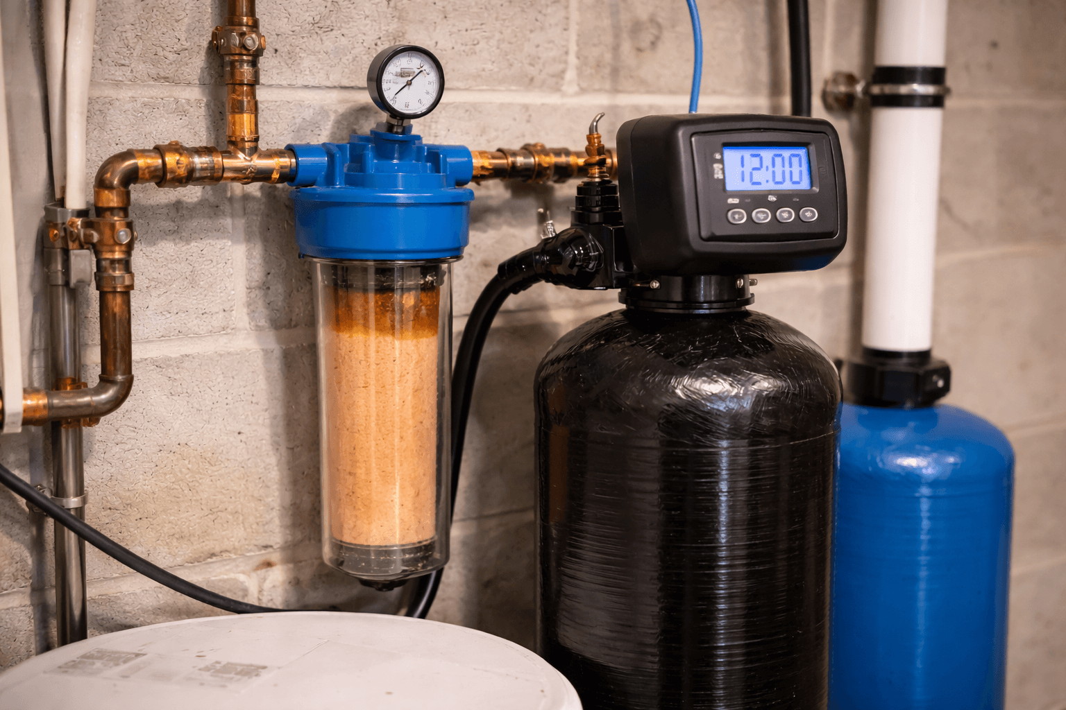 Close-up of a residential water filtration system with a pressure gauge, digital control panel, and sediment filter.