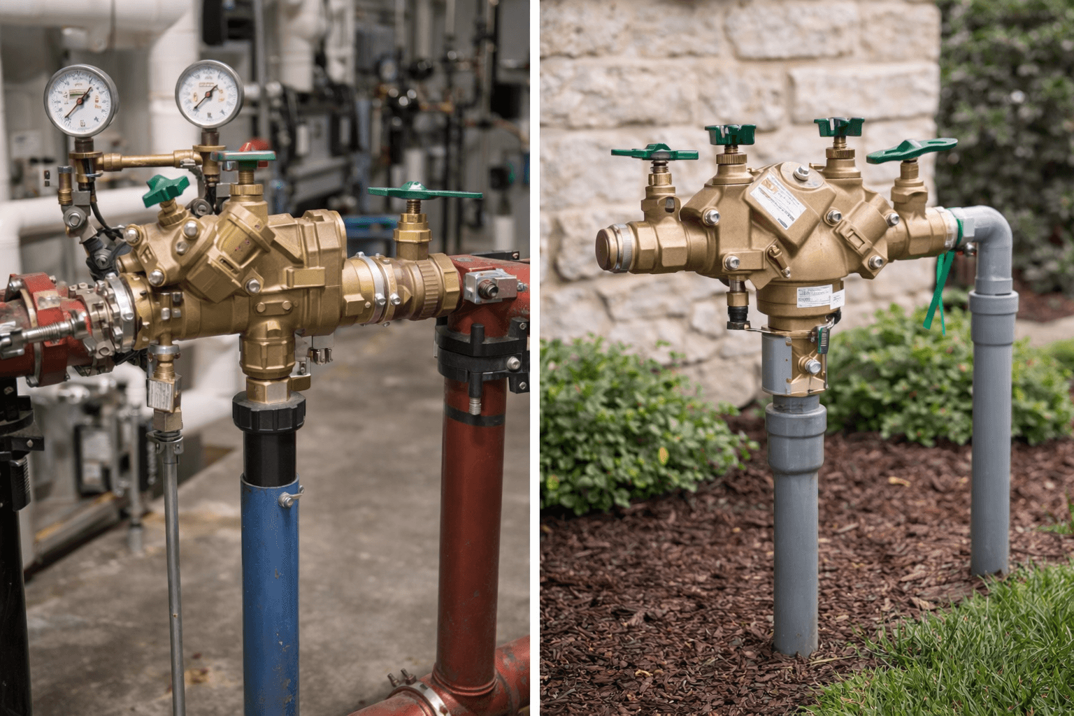 Two brass backflow prevention devices installed on vertical pipes, one indoors with pressure gauges and one outdoors with a stone wall and landscaping in the background.