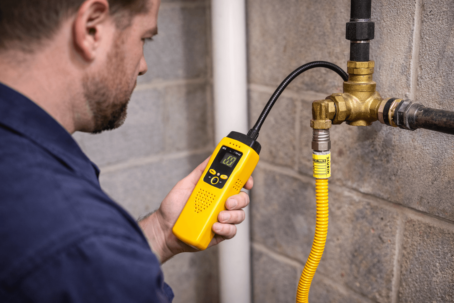 Man holding a yellow gas leak detector near a brass gas pipe and yellow gas hose against a concrete wall.
