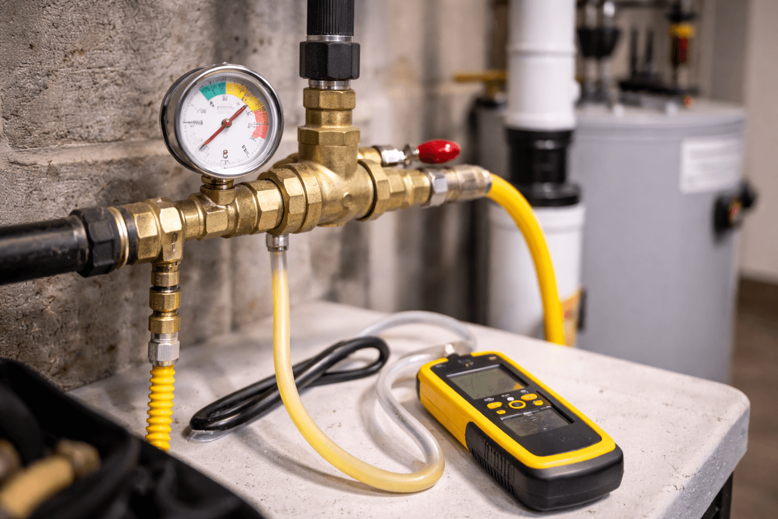 Pressure gauge attached to brass piping with yellow hoses and a handheld digital meter on a white surface.