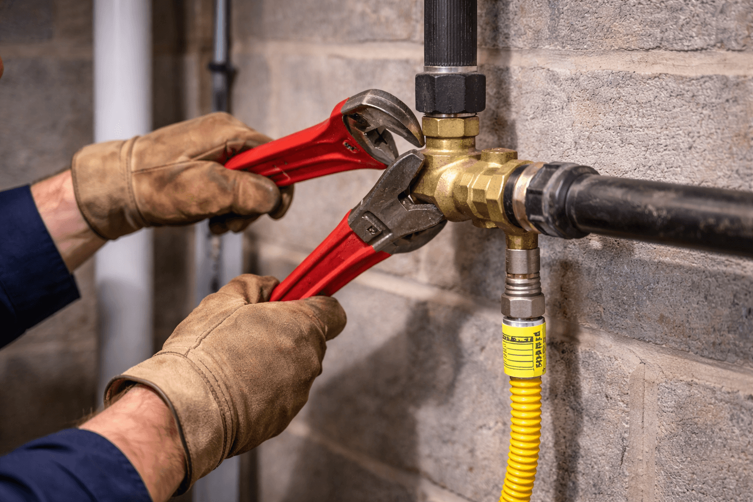 Hands wearing work gloves using red wrenches to tighten a brass gas pipe fitting on a concrete wall.