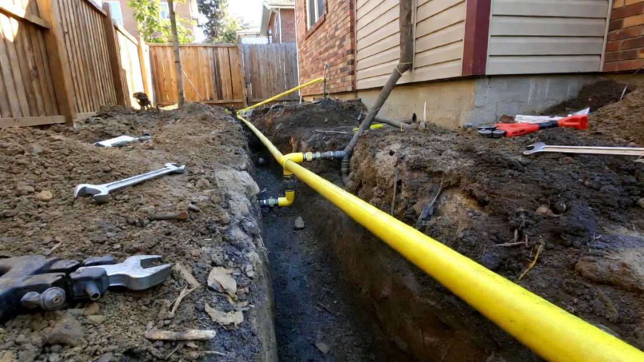 Yellow gas line pipe being installed in a dug trench next to a house with tools scattered around.