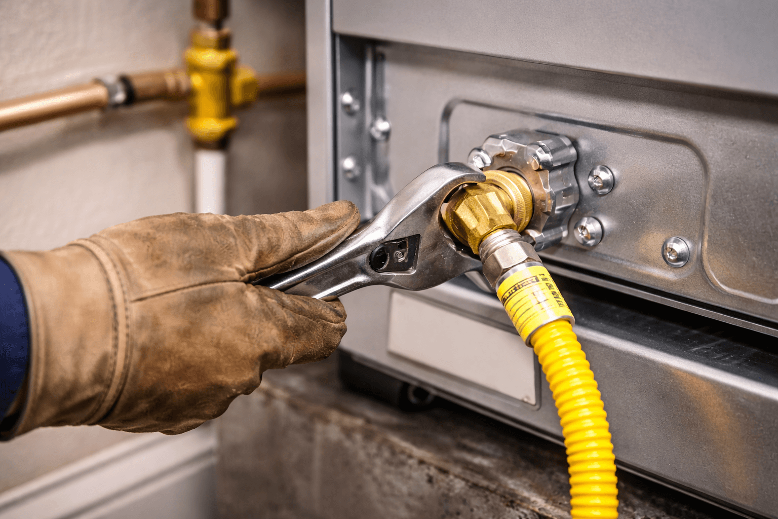 Gloved hand using a wrench to tighten a yellow gas hose connection on a metallic appliance.