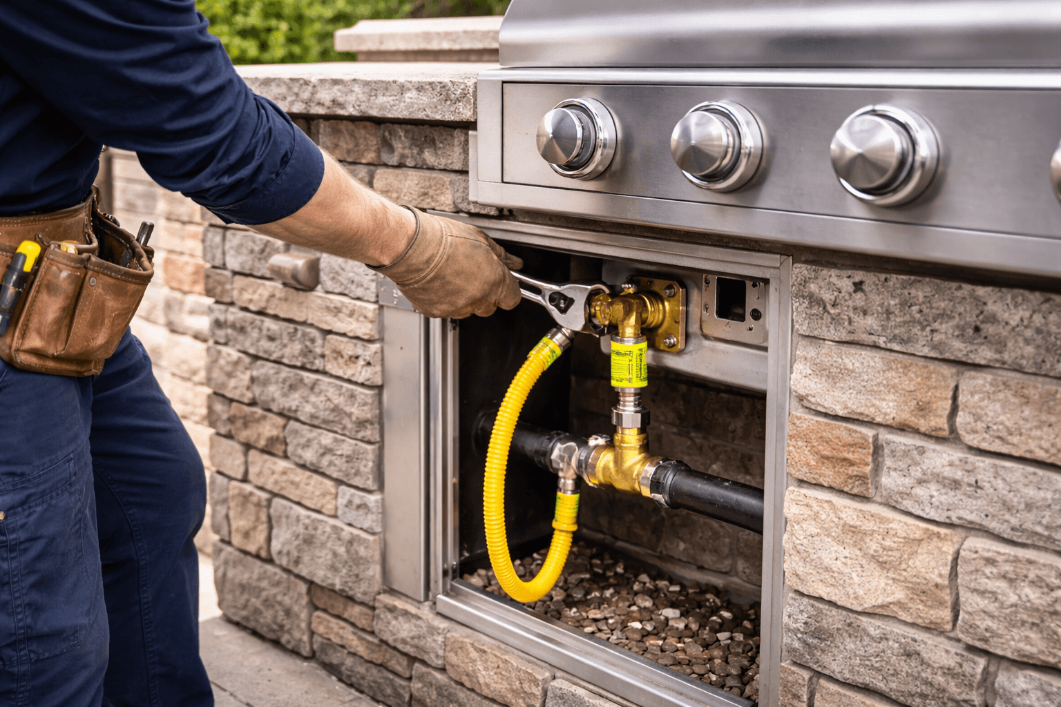Technician wearing a tool belt tightening a gas connection with a wrench on an outdoor kitchen grill.