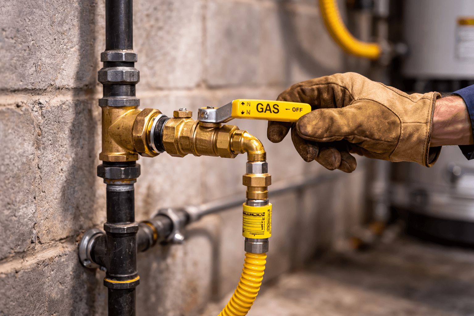 Hand in a work glove turning off a yellow gas valve attached to a black and brass pipe on a concrete wall.