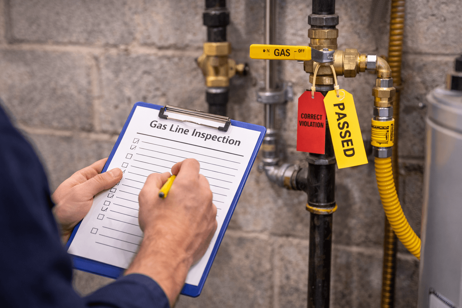 Person holding clipboard with gas line inspection checklist next to a gas valve with tags labeled 'Correct Violation' and 'Passed'.