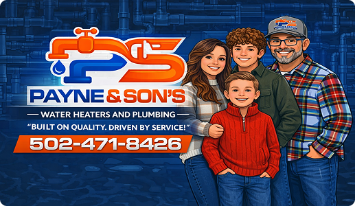 Illustration of a smiling family of four with Payne & Son's Water Heaters and Plumbing logo, slogan, and phone number 502-471-8426 on a blue pipe background.