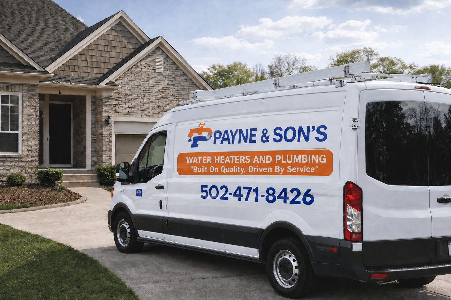 White Payne & Son's service van parked in driveway of a suburban house, advertising water heaters and plumbing with phone number 502-471-8426.