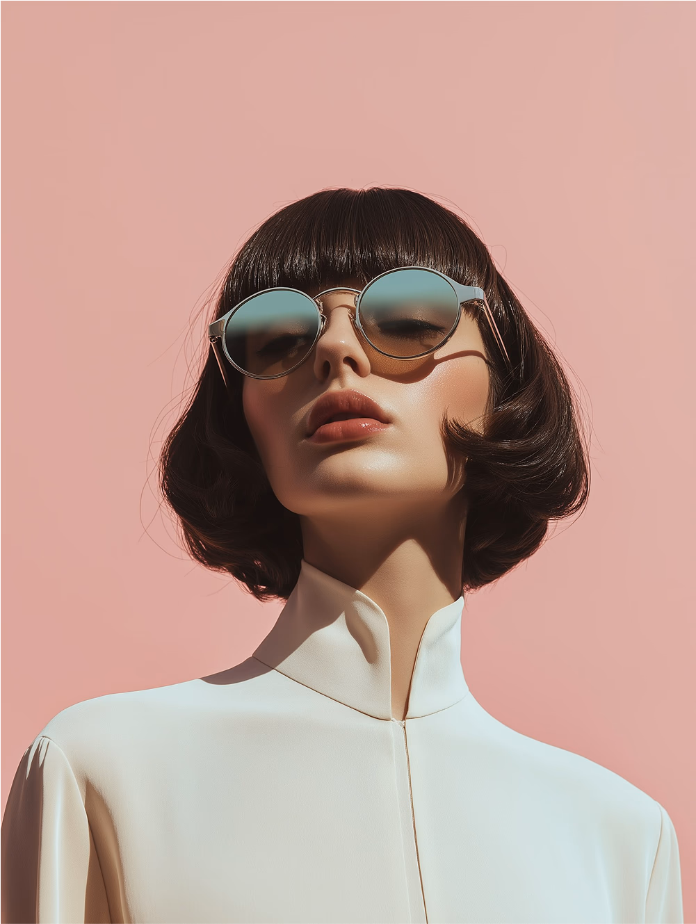 Portrait of a woman with short dark hair wearing round sunglasses and a high-collared cream blouse against a pink background.