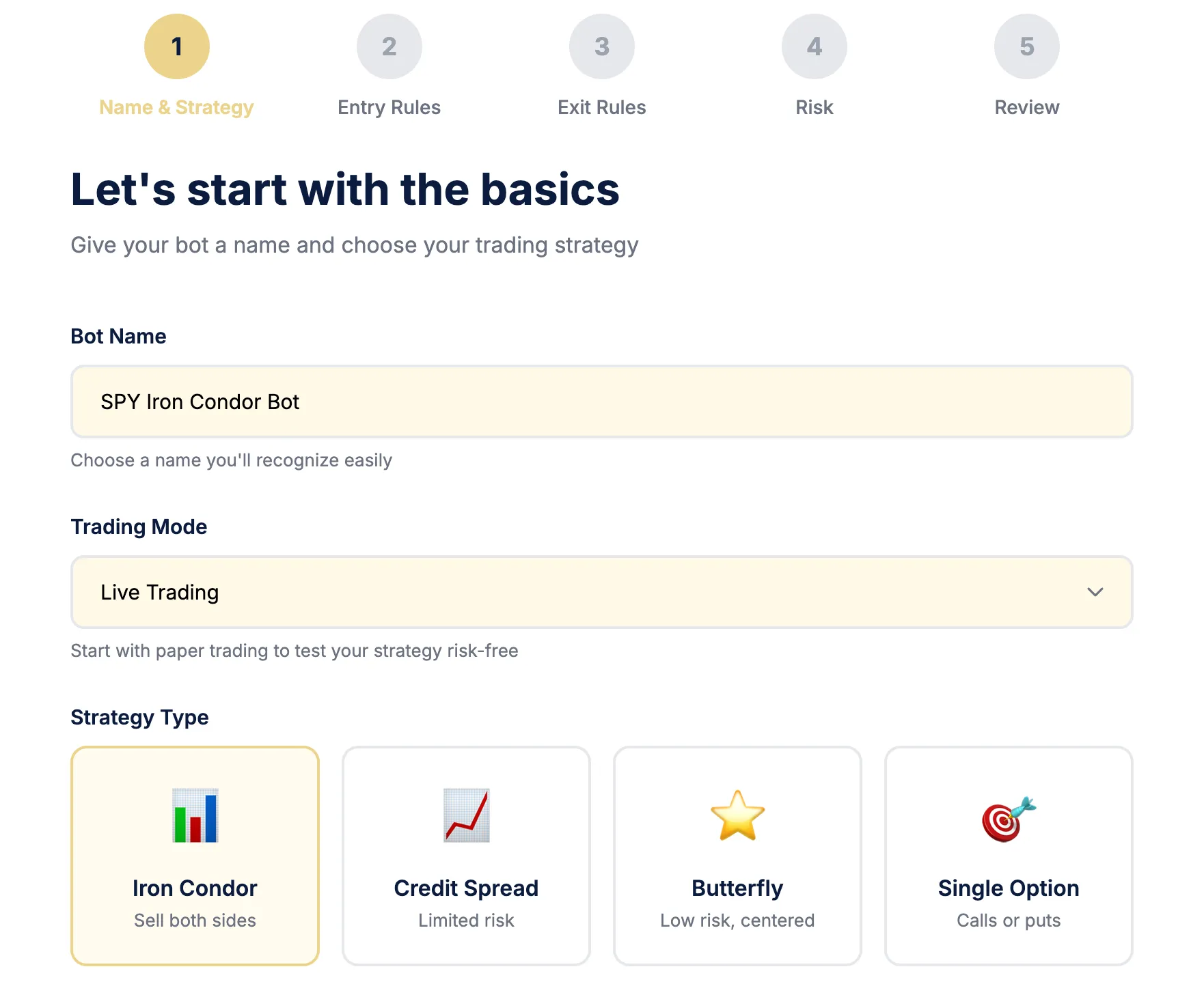 Dashboard showing build a bot feature for options