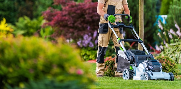 Person in work clothes mowing lush green lawn with a modern lawn mower in a garden.