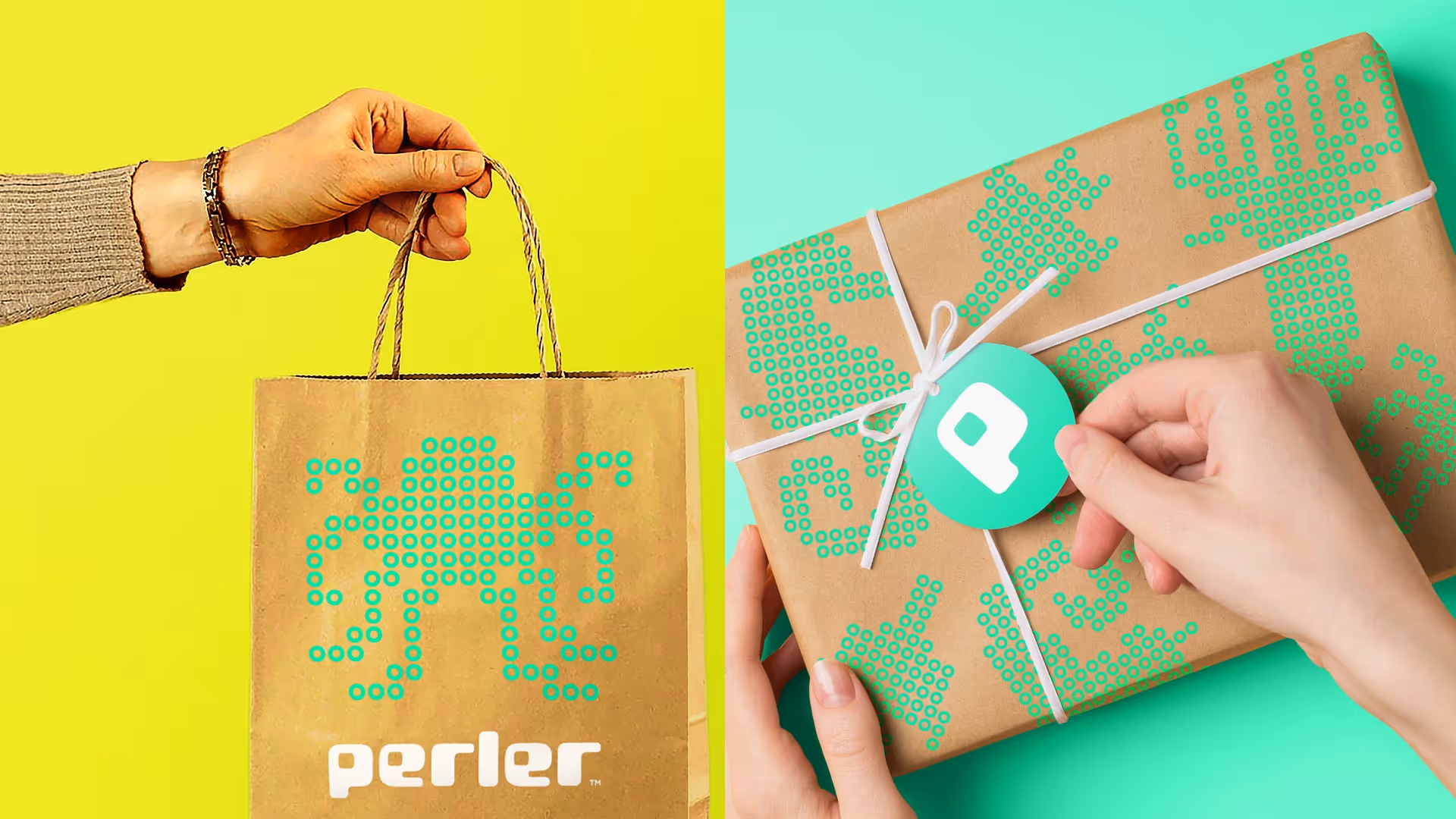Perler-branded shopping bags and wrapping paper.
