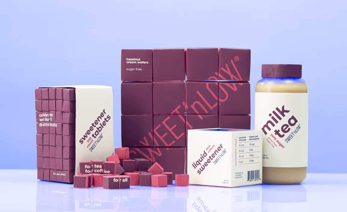 A family photo of the Sweet'N Low family, which is comprised of wafers, tablets, liquid sweetener, and milk tea.