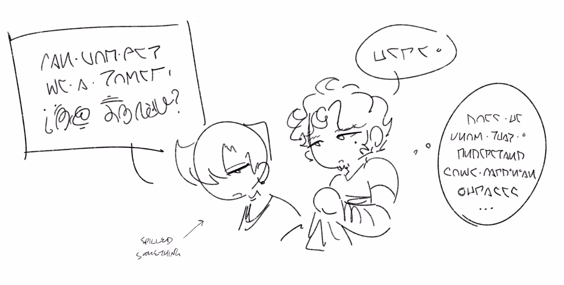 An illustration of two men talking. The text reads:

W - Can you get me a towel, <love?>
R - Here. (Does he know that I understand some Cardinian phrases...) 
