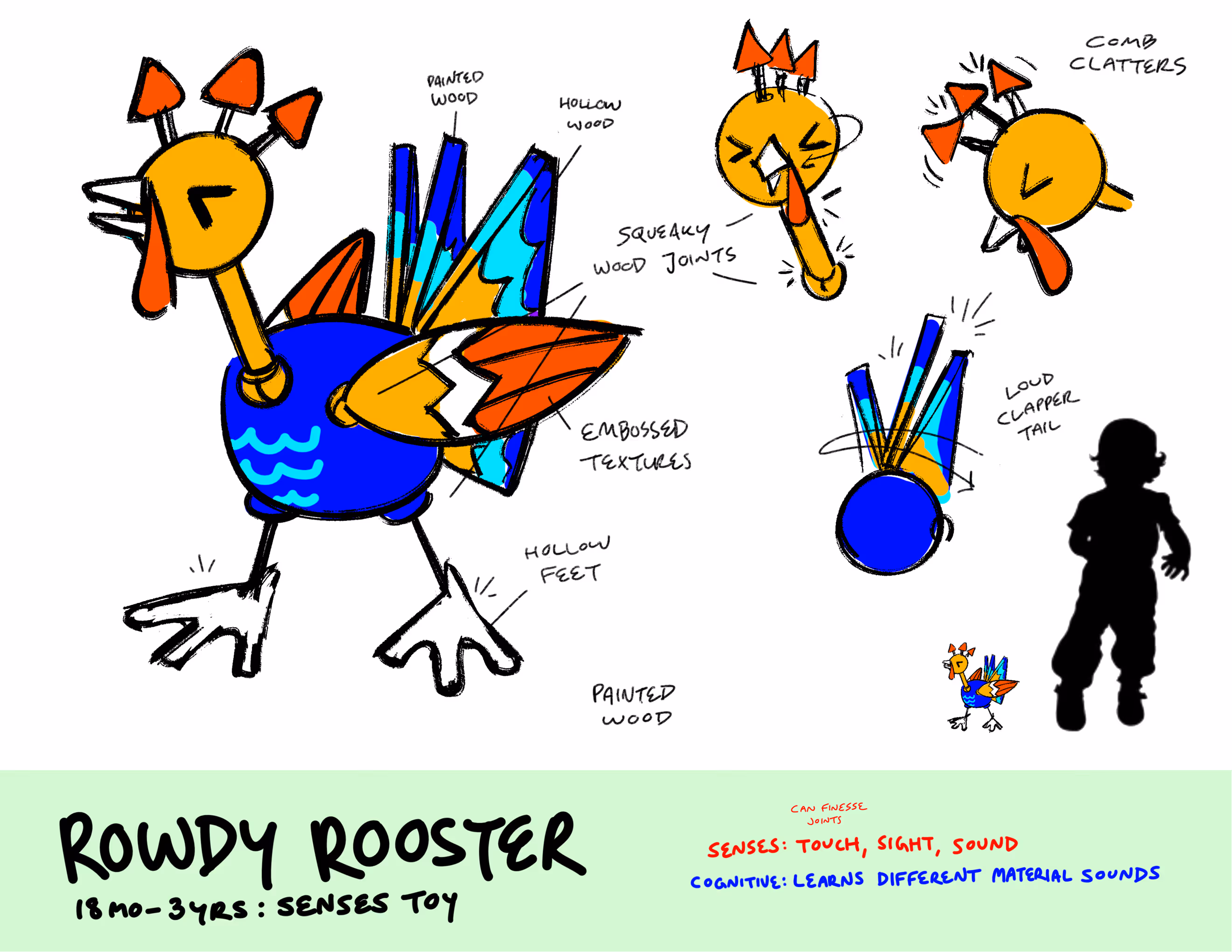 A drawing of Rowdy Rooster, a sensory noisemaker toy for 18 month-olds to 3-year olds.