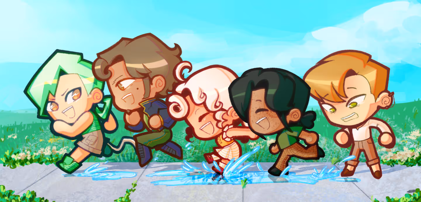 An illustration of five chibis running after a rainy day.