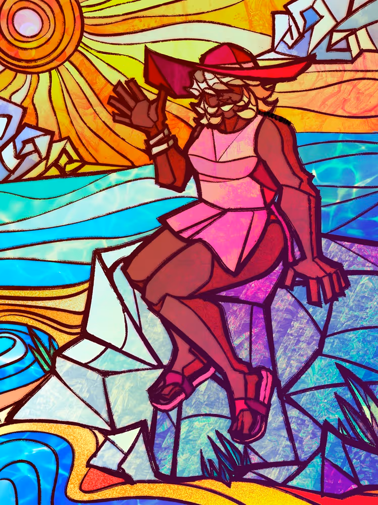 A stained glass style illustration of a woman smiling and sitting on a rock by the beach.