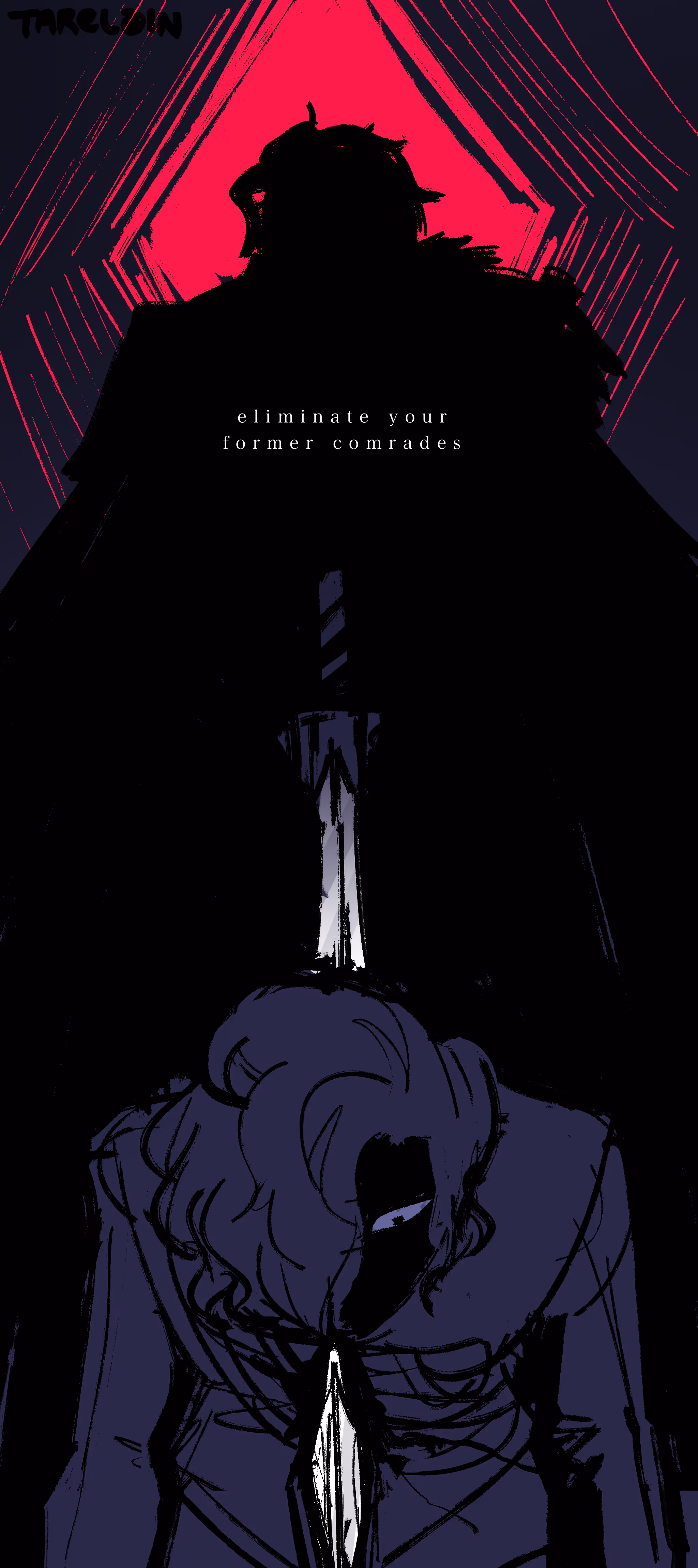 An illustration of a silhouetted man stabbing Quieg from MapleStory through the chest. The text says "eliminate your former comrades".