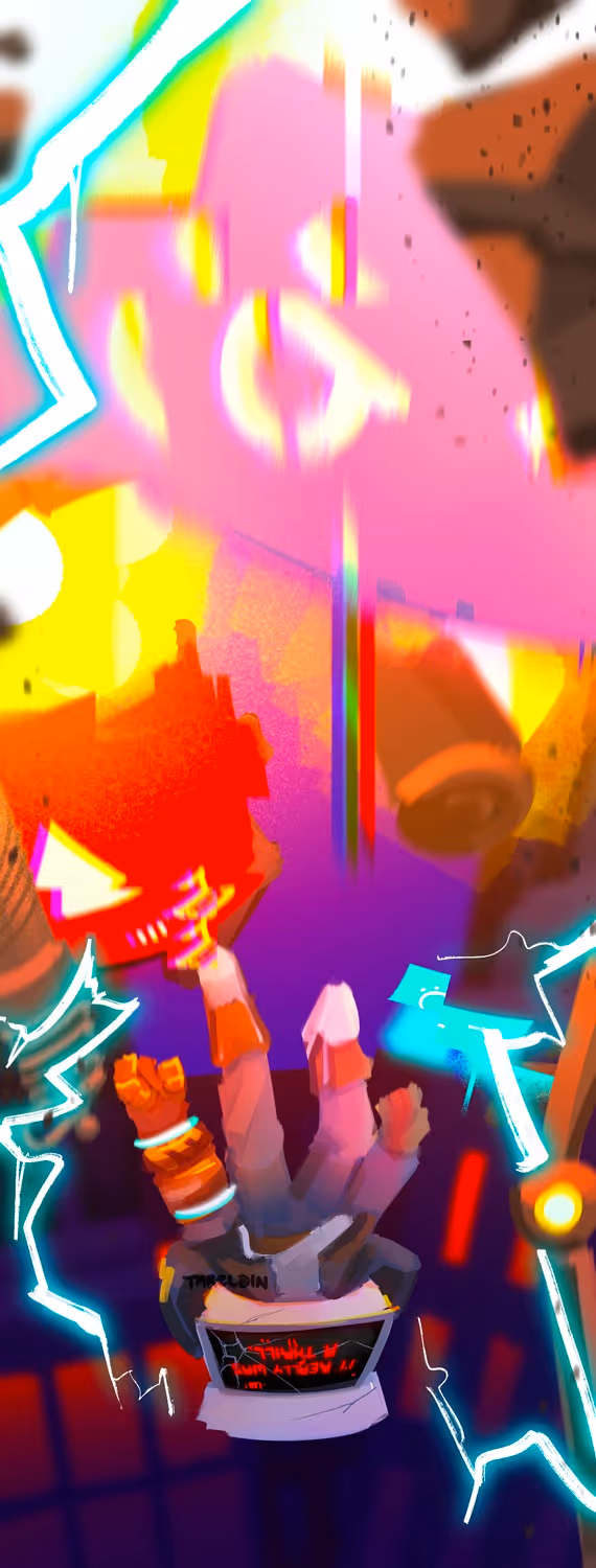 An illustration of T-Boy from MapleStory falling down. His screen reads "IT REALLY WAS A THRILL."