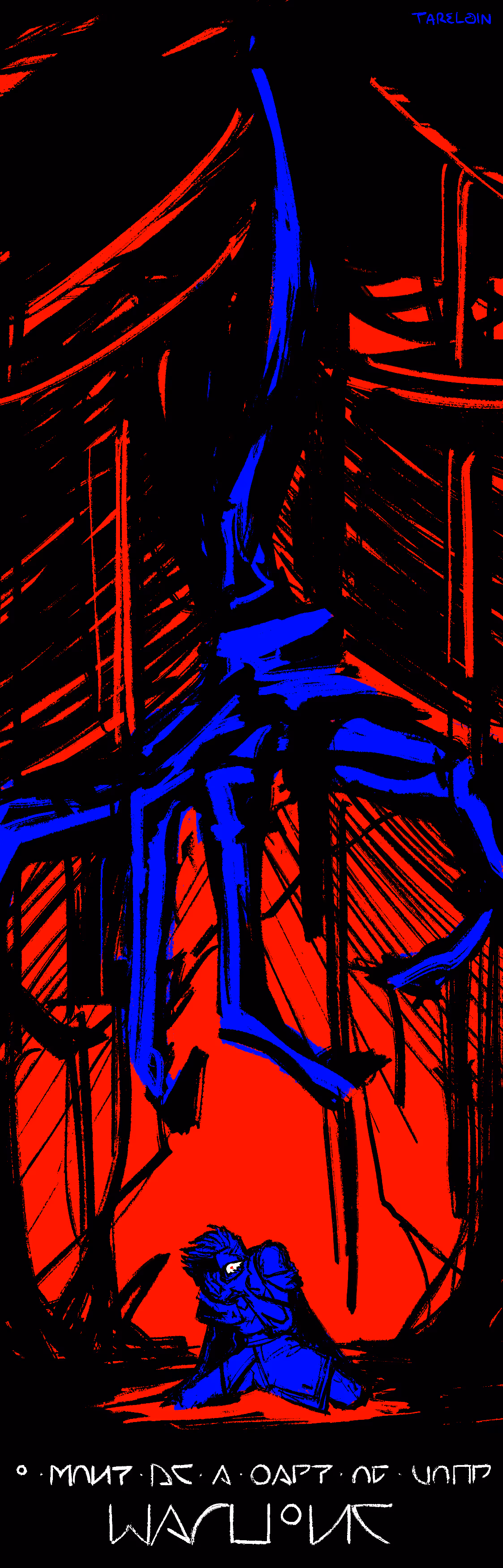 An illustration of a man staring at the viewer as a clawed hand reaches down for him. At the bottom, it reads "I won't be a part of your machine" in glyphs.