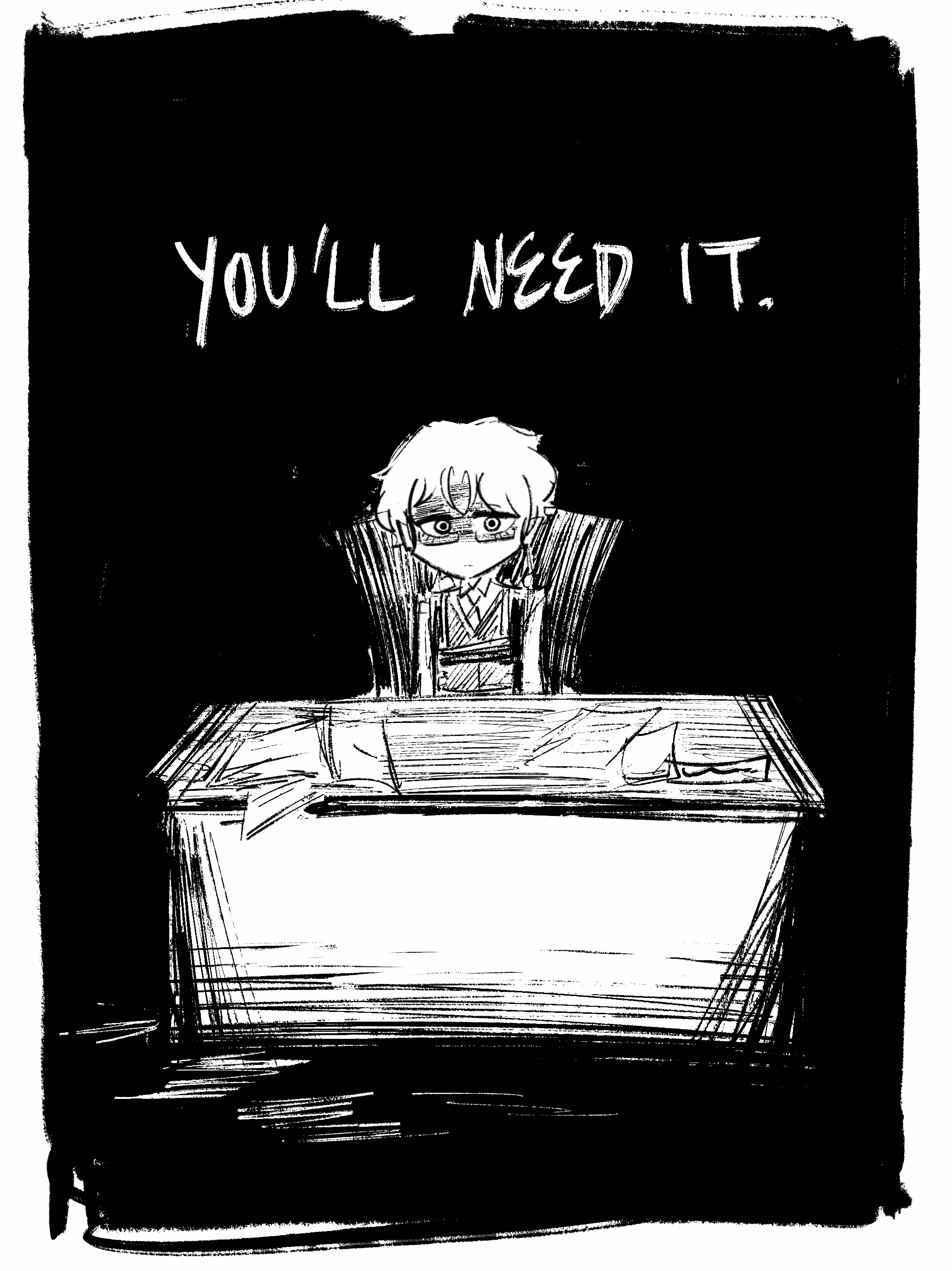 A comic panel. The man is sitting at his desk looking defeated as the woman says, "You'll need it."