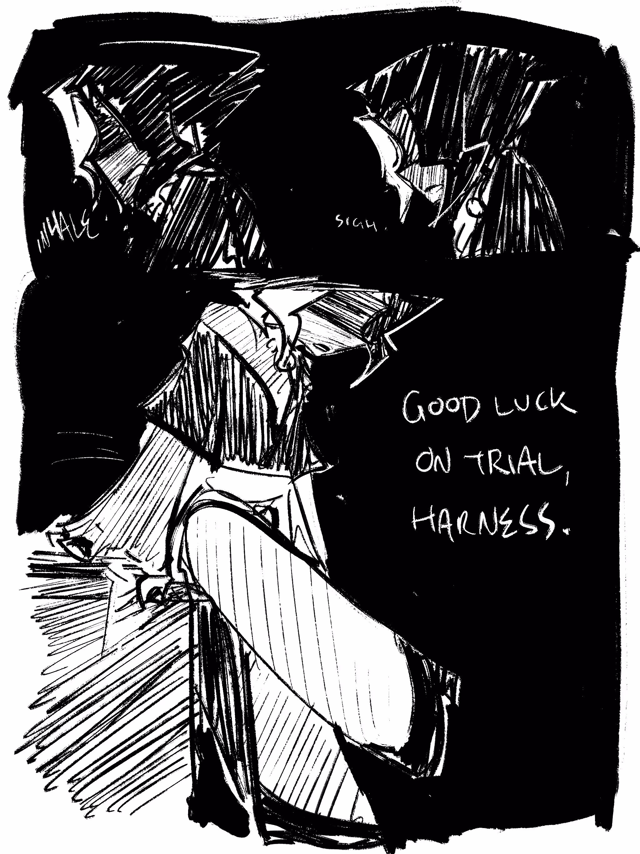 A comic panel. The woman gives up and says, "Good luck on trial, Harness."