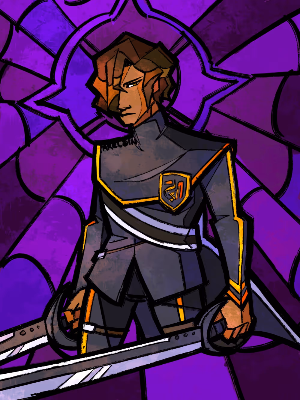 A stained glass-styled illustration of a man wielding two swords.