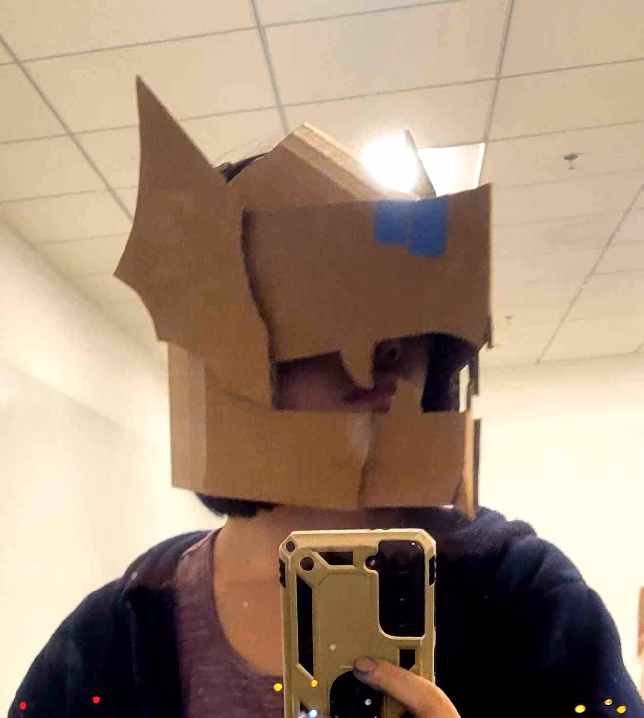 The final helmet in progress, facing three quarters.