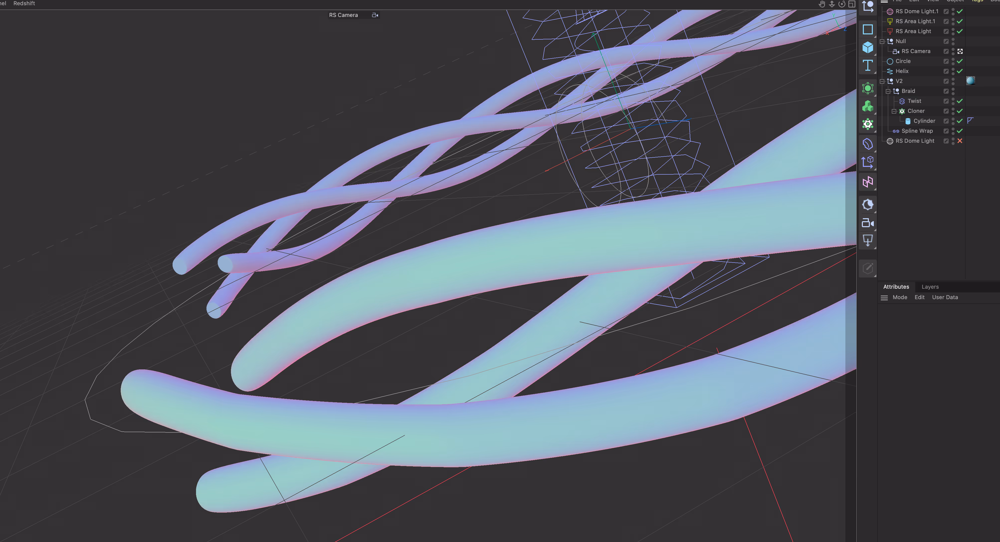 A process screenshot in Cinema 4D. The model is shaping the braids.